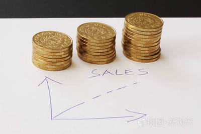 销售和金融业务图-用圆珠笔在白纸上绘制的手和金币硬币堆在提升顺序显示成功的企业团队的利润和收益-用复制空间编写自己的文本